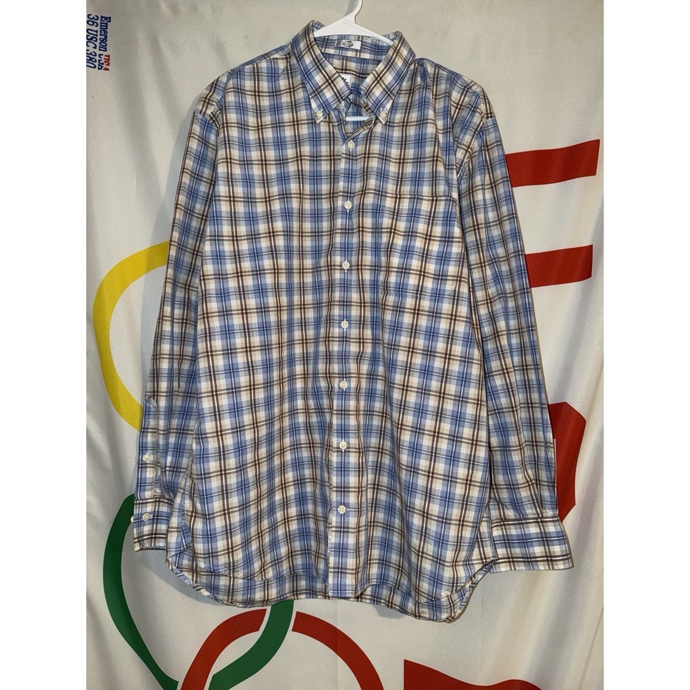 Peter Millar Button Shirt Mens Large Blue Beige Plaid Long Sleeve Cotton